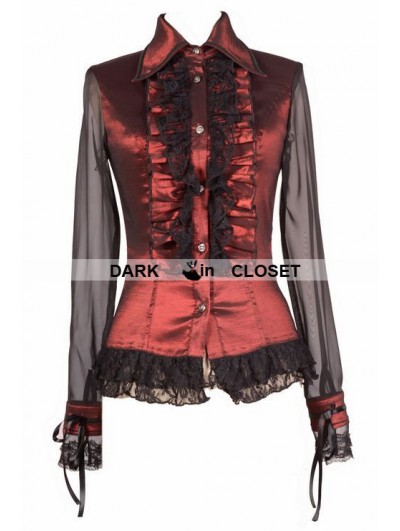 Pentagramme Wine Red Sheer Long Sleeves Ruffle Gothic Blouse for Women