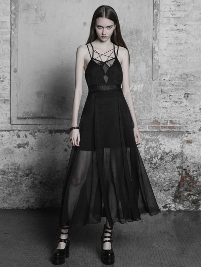 Punk Rave Black Gothic Strap Lace Chiffon Long Dress