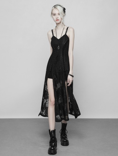 Punk Rave Black Gothic Lace Strap Heavy Industry Slit Long Dress