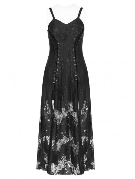 Punk Rave Black Gothic Lace Strap Heavy Industry Slit Long Dress ...