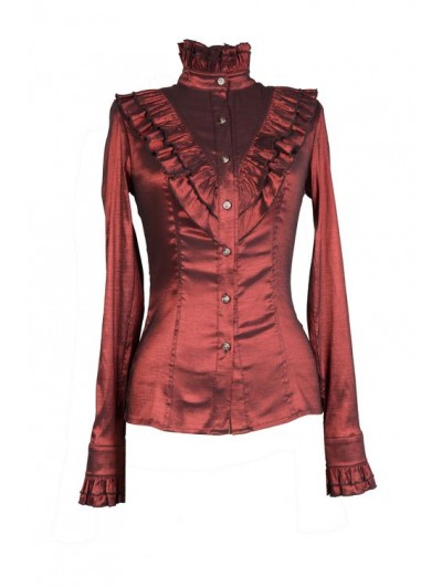 Pentagramme Wine Red High Collar Long Sleeves Ruffle Gothic Blouse for Women