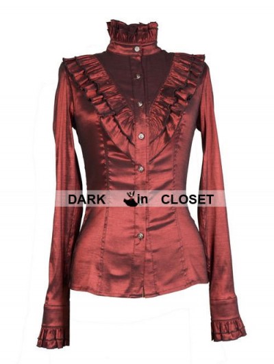 Pentagramme Wine Red High Collar Long Sleeves Ruffle Gothic Blouse for Women