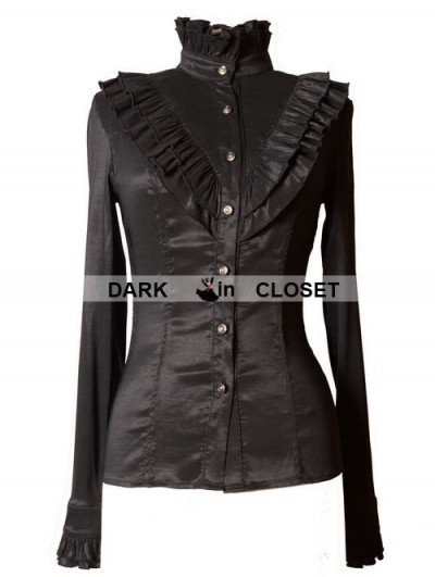 Pentagramme Black High Collar Long Sleeves Ruffle Gothic Blouse for Women