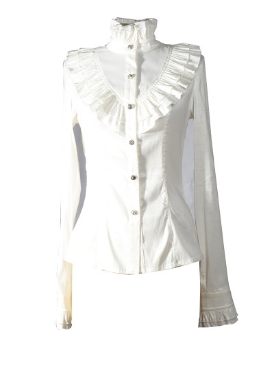 Pentagramme White High Collar Long Sleeves Ruffle Gothic Blouse for Women