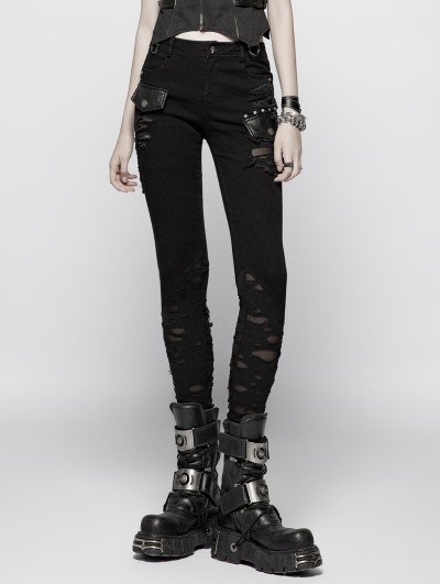 Punk Rave Black Gothic Punk Broken Hole Trousers for Women