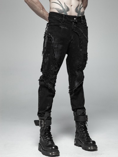 Punk Rave Black Gothic Punk Broken Hole Net Trousers for Men