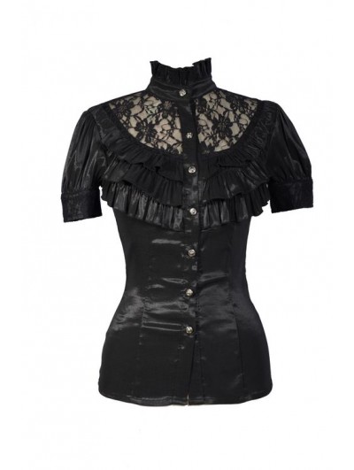 Pentagramme Black High Collar Short Sleeves Lace Womens Gothic Blouse