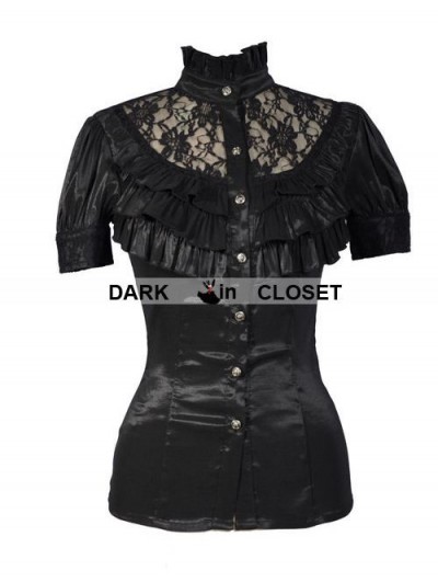 Pentagramme Black High Collar Short Sleeves Lace Womens Gothic Blouse