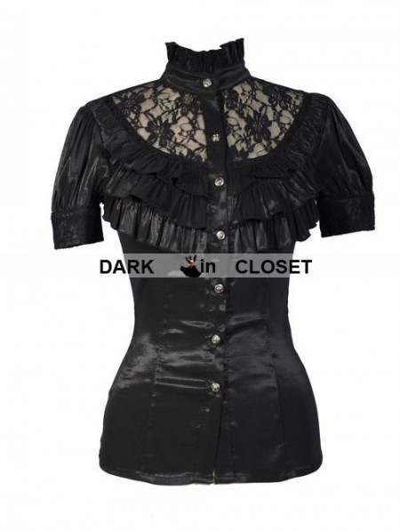 Pentagramme Black High Collar Short Sleeves Lace Womens Gothic Blouse ...