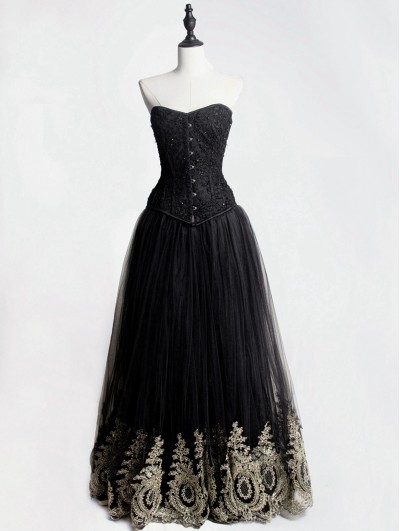 Rose Blooming Black Gothic Corset Prom Party Long Dress with Gold Lace Hem