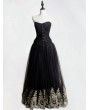 Rose Blooming Black Gothic Corset Prom Party Long Dress with Gold Lace Hem