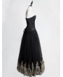 Rose Blooming Black Gothic Corset Prom Party Long Dress with Gold Lace Hem