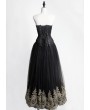 Rose Blooming Black Gothic Corset Prom Party Long Dress with Gold Lace Hem