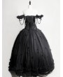 Rose Blooming Romantic Black Gothic Flower Off-the-Shoulder Corset Prom Ball Gown Long Dress