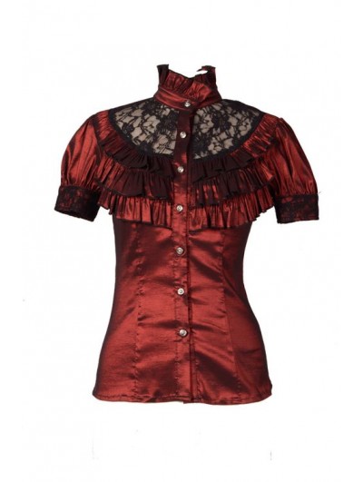 Pentagramme Wine Red High Collar Short Sleeves Lace Womens Gothic Blouse