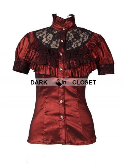 Pentagramme Wine Red High Collar Short Sleeves Lace Womens Gothic Blouse