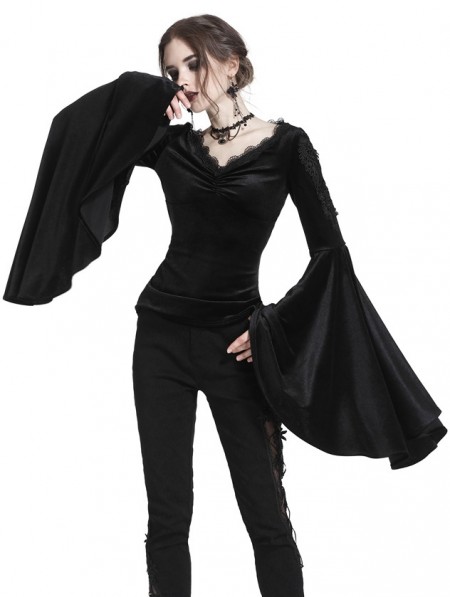 Dark in Love Black Gothic Velvet Long Trumpet Sleeves T-Shirt for Women.