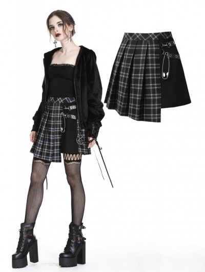 Dark in Love Black Gothic Punk Pleated Grid Irregular Hem Short Skirt