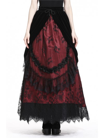 Dark in Love Romantic Gothic Black Red Velvet Lace Long Skirt