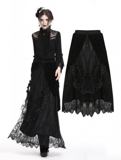 Dark in Love Romantic Gothic Black Velvet Lace Long Skirt