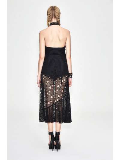 Devil Fashion Black Gothic Punk Halter Skull Net Long Dress -  DarkinCloset.com