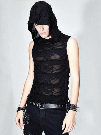 Devil Fashion Black Gothic Hooded Hole Sleeveless Top for Men