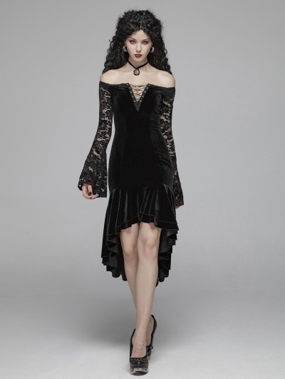 Punk Rave Black Elegant Gothic Off-the-Shouler Velvet Lace Fishtail Dress