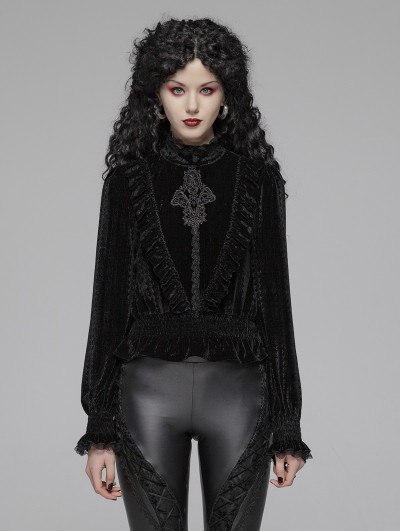 Punk Rave Black Vintage Gothic Velvet Long Sleeve Blouse for Women