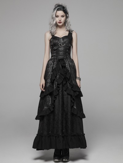 Punk Rave Black Gothic Steampunk Buckle Belt Long Dress - DarkinCloset.com