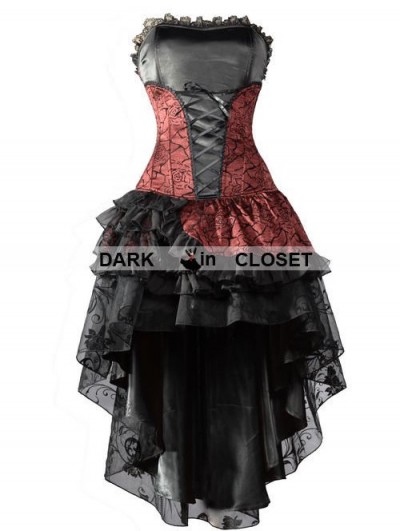 Pentagramme Wine Red Corset High-Low Layer Skirt Gothic Party Dress