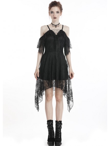 Dark in Love Black Elegant Gothic Lace Off-the-Shoulder Short Dress ...