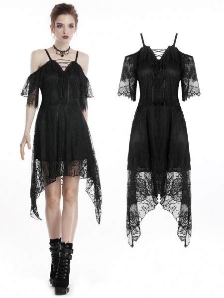 Dark in Love Black Elegant Gothic Lace Off-the-Shoulder Short Dress ...