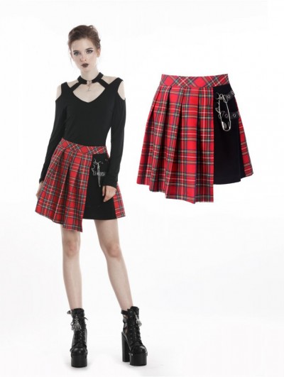 Dark in Love Red Gothic Punk Pleated Grid Irregular Hem Short Skirt