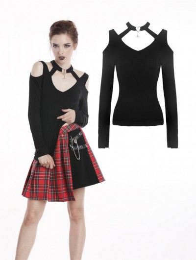 Dark in Love Black Gothic Punk Off-the-Shoulder Long Sleeves T-Shirt for Women