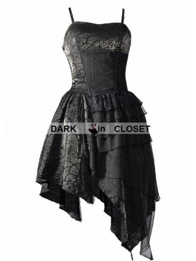 Pentagramme Spaghetti Straps Black Gothic Dress with Irregular Skirt