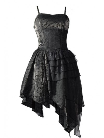 Pentagramme Spaghetti Straps Black Gothic Dress with Irregular Skirt