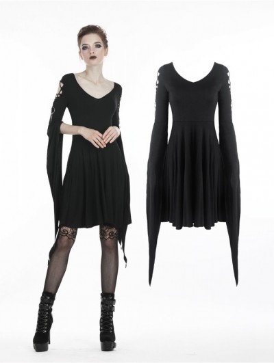 Dark in Love Black Gothic Punk Short Dress with Long Trumpet Hooked Sleeves