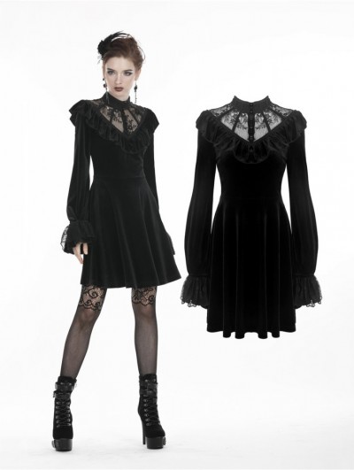 Dark in Love Black Gothic Lolita Long Sleeve Velvet Short Dress