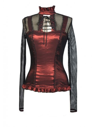 Pentagramme Wine Red High Collar Net Sexy Gothic T-Shirt for Women 