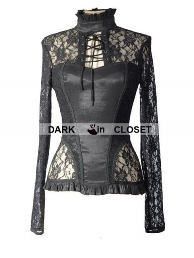 Pentagramme Black Sexy Lace Long Sleeves Gothic T-Shirt for Women 