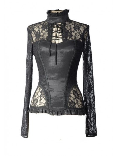 Pentagramme Black Sexy Lace Long Sleeves Gothic T-Shirt for Women 