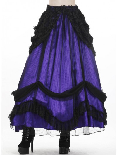 Dark in Love Purple and Black Gothic Lace Mesh Satin Long Skirt