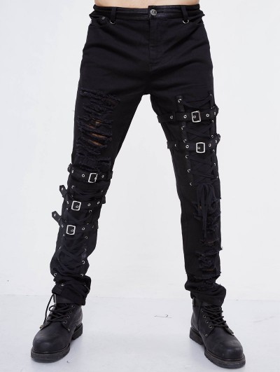 Devil Fashion Black Gothic Punk Hole Long Jeans for Men