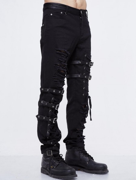 Devil Fashion Black Gothic Punk Hole Long Jeans for Men - DarkinCloset.com