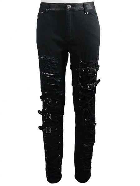 Devil Fashion Black Gothic Punk Hole Long Jeans for Men - DarkinCloset.com