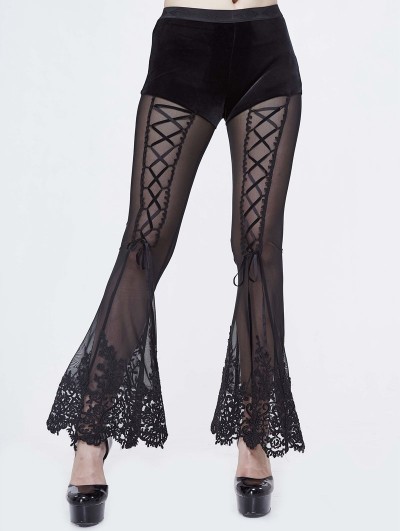 Devil Fashion Black Gothic Sexy Velvet Lace Long Flared Trousers for Women