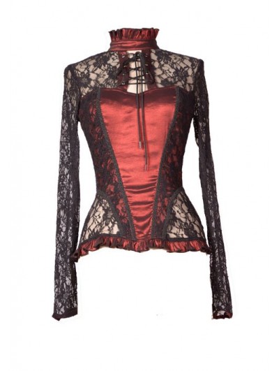 Pentagramme Wine Red Sexy Lace Long Sleeves Gothic T-Shirt for Women 