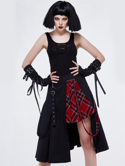 Devil Fashion Black Gothic Punk Belt Half Plaid Skirt