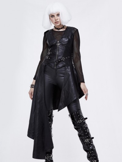 Devil Fashion Black Gothic Punk PU Leather Long Asymmetric Waistcoat for Women