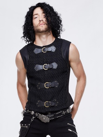 Devil Fashion Black Gothic Punk Buckle Belt Vest Top for Men